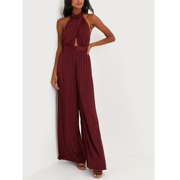 LULU'S SZ M Burgundy Confident Impression Satin Halter Cutout Jumpsuit  NEW b94 - Picture 1 of 12